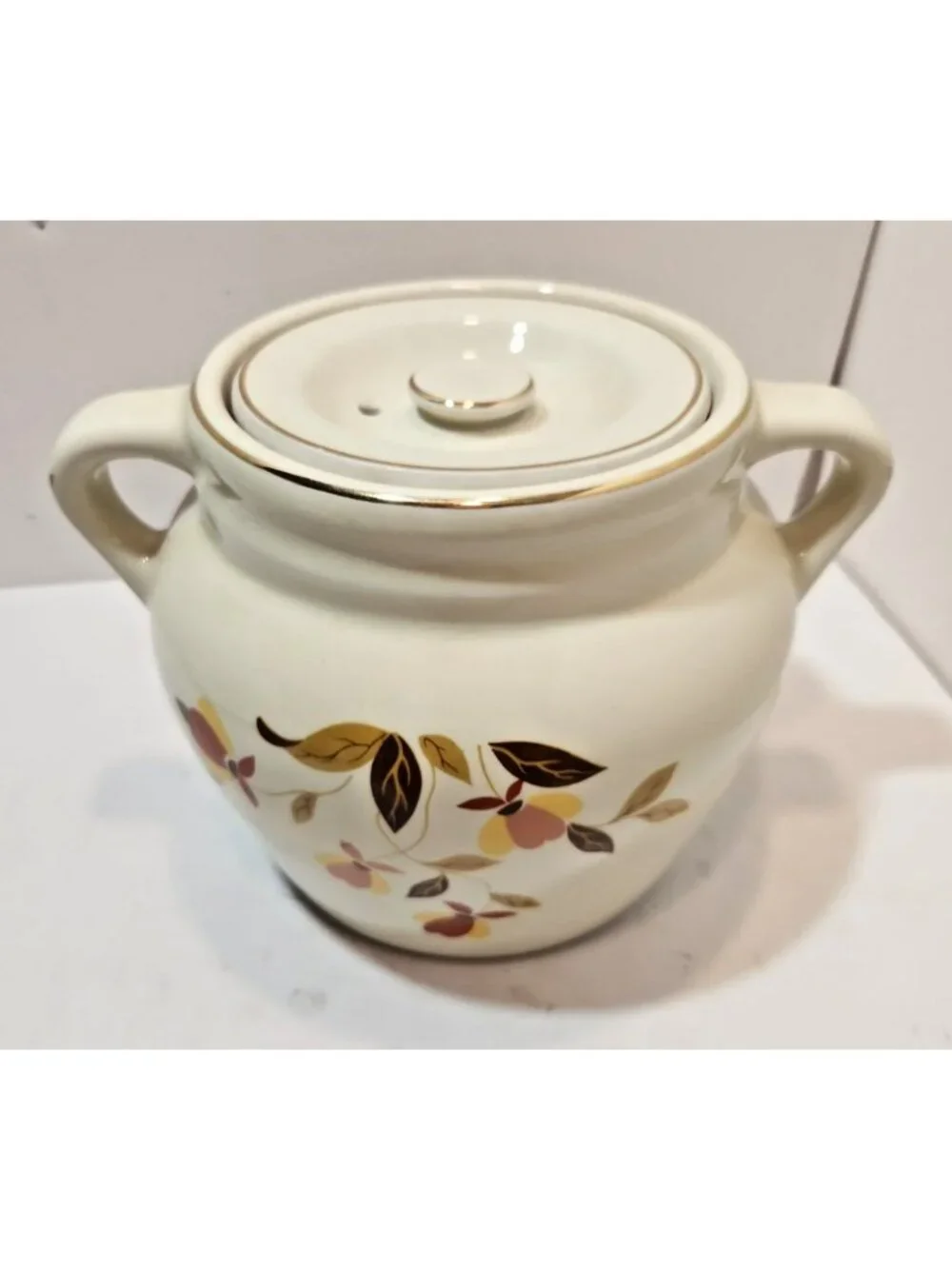Vtg Hall Autumn Leaf 2 1/4 QT 2 Handled Bean Pot & Lid Mary Dunbar MCM Jewel